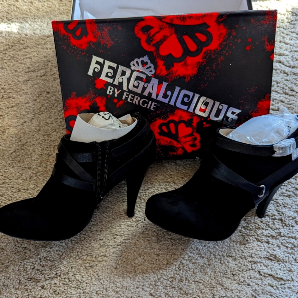 Black suede booties by Fergalicious, 4-in heels